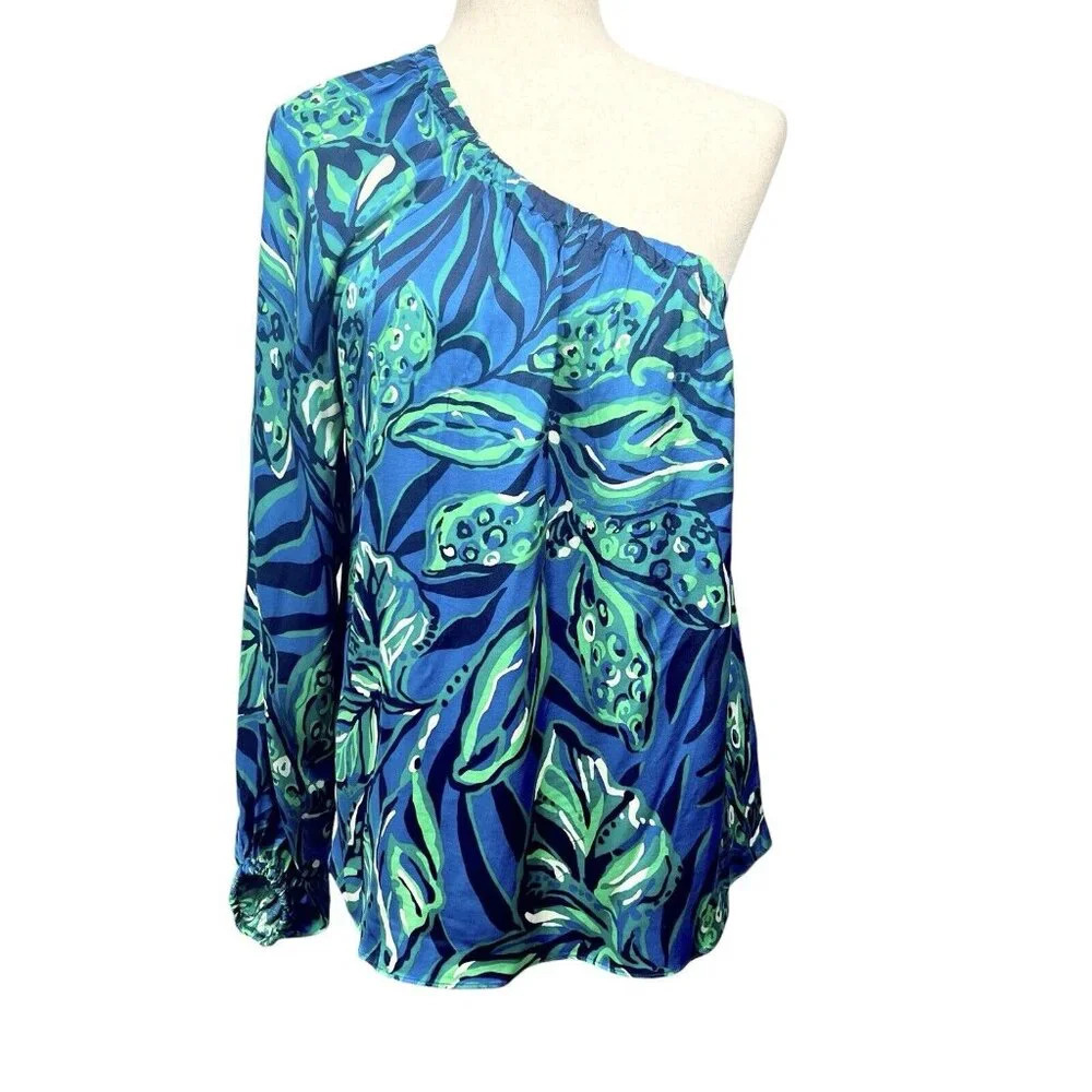 Lilly Pulitzer Adorlee One Shoulder Top Indigo Breeze Shady Gators LARGE NWT